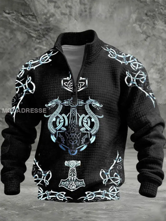 Mäns slående Thors hammare drake utskrift svart kviltad halv-Zip Hoodie flerlog / S