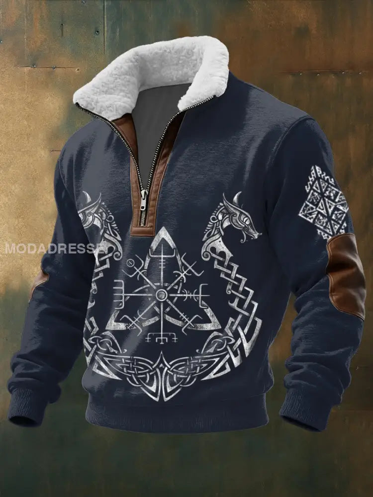 Mäns slät norsk kompass & drake Print Fleece-Collar Hoodie flerlog / S