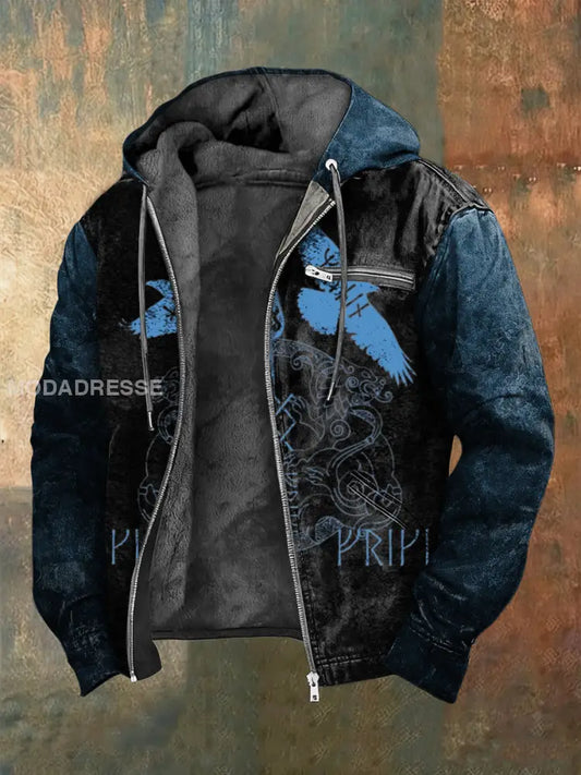 Mäns slank blå raven & knutarbete Print Färg-Block Fleece-Lined Zip Jacka flerlog / S