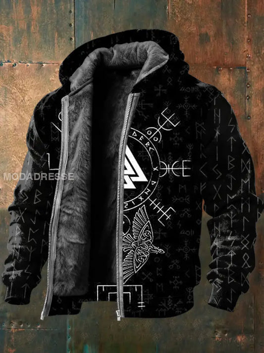 Mäns slank norsk run & valknut Print Fleece-förenad jacka flerlog / S