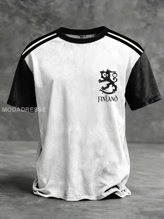 Mäns slank vit-svart ’FINLAND’ Lion Crest Ringer T-shirt flerlog / S