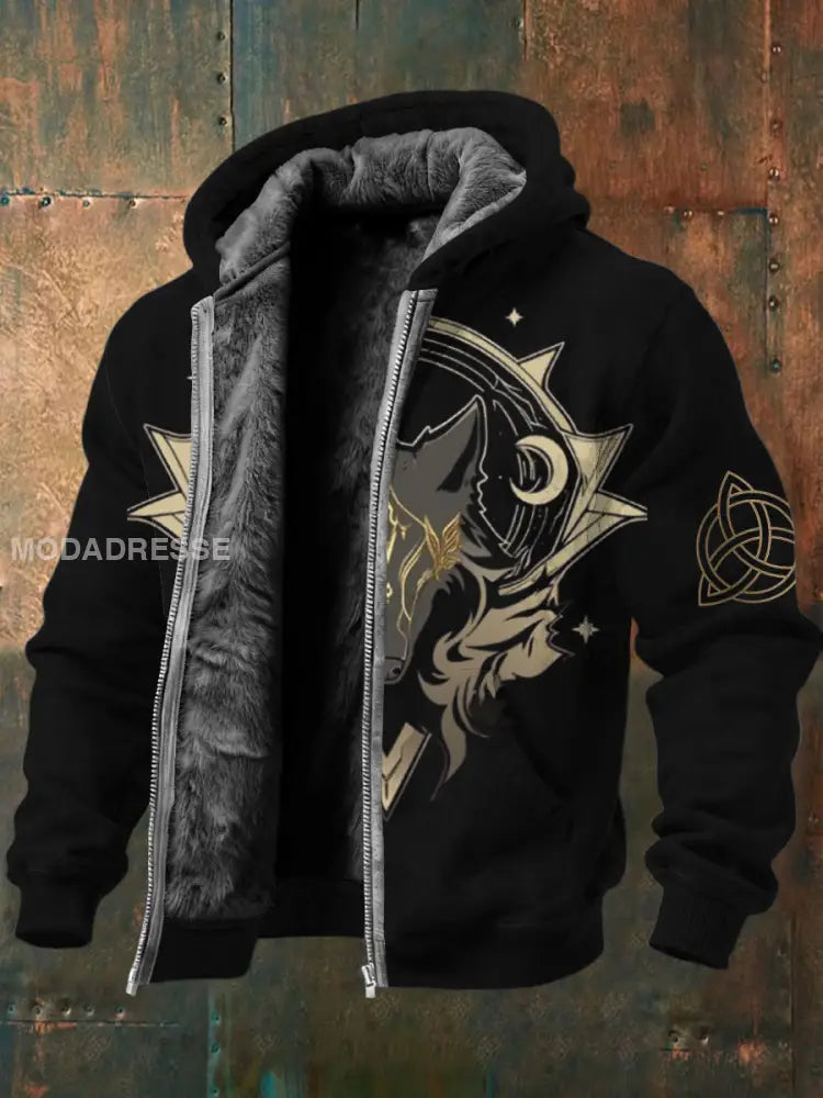 Mäns slanka Moon Varg & Knotwork Skriv ut Fleece-Lined Zip Jacka flerlog / S