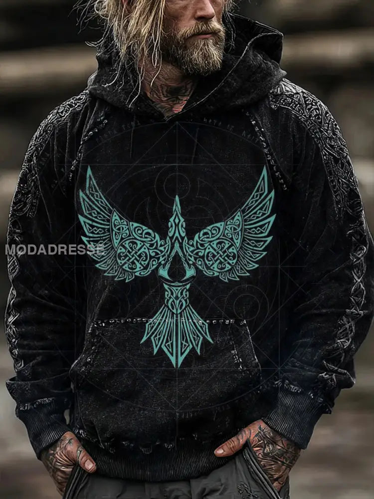 Mäns slant teal bevingad vikingsymbol Hoodie. flerlog / S