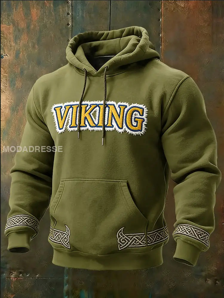 Mäns snygga oliven ’VIKING’ Text & Knotwork Hoodie & Knop flerlog / S