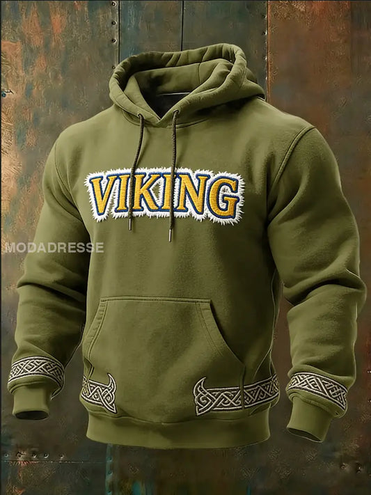 Mäns snygga oliven ’VIKING’ Text & Knotwork Hoodie & Knop flerlog / S