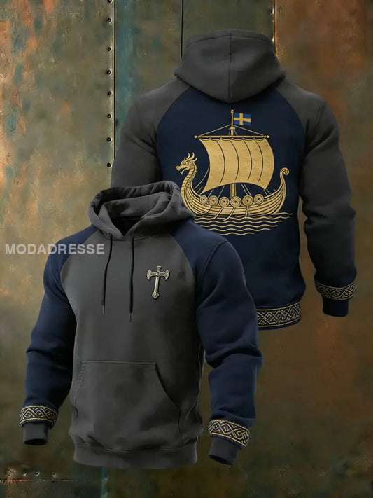 Mäns snygga två-tons grå-flotta Viking skepp Hoodie skepp flerlog / S