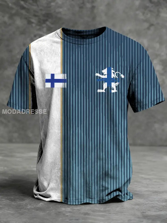 Mäns snygga tvåtons finska flagg & lejonemblem T-shirt flerlog / S