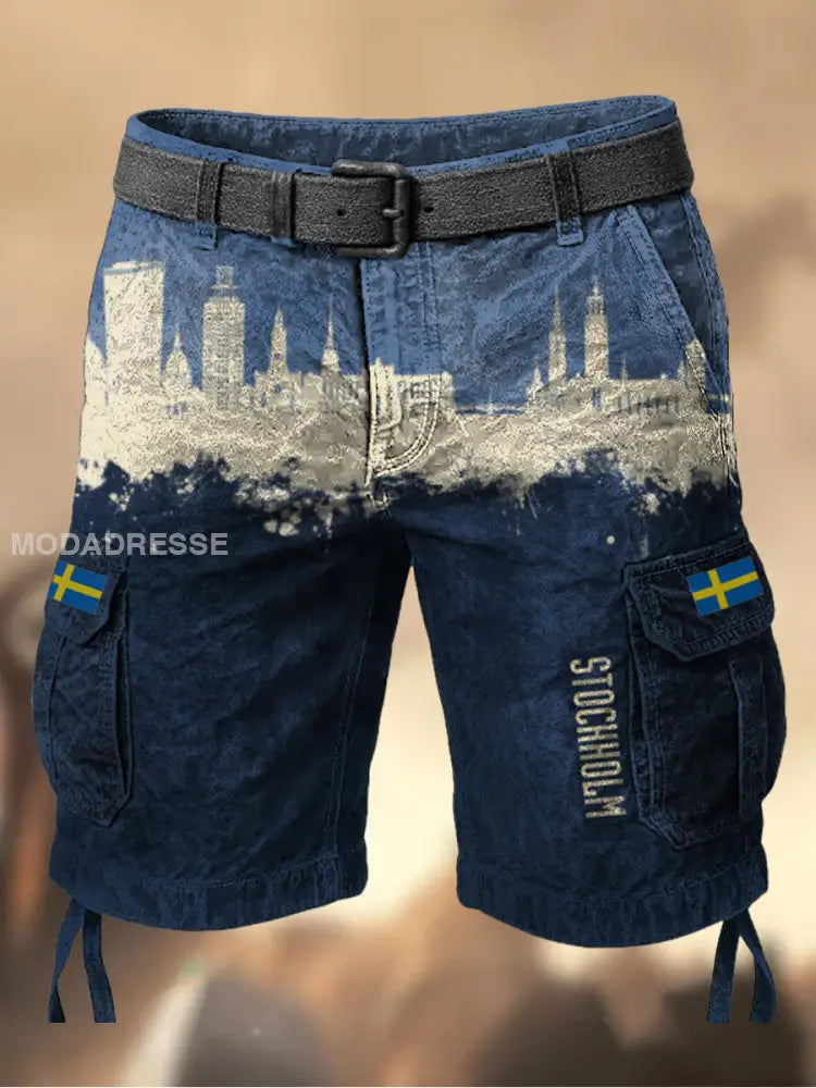 Mäns Stockholm City Svenska Flag Grafiskt tryckt textur Casual Cargo Shorts A / M