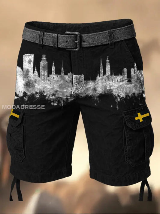 Mäns Stockholm City Svenska Flag Grafiskt tryckt textur Casual Cargo Shorts A / M