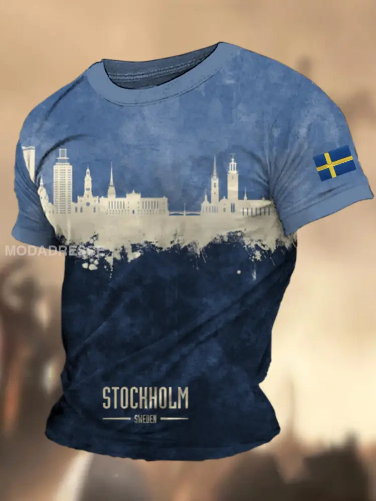 Mäns Stockholm Swedish Flag Grafiskt tryckt Henry Knapp Rund hals Atti A / S