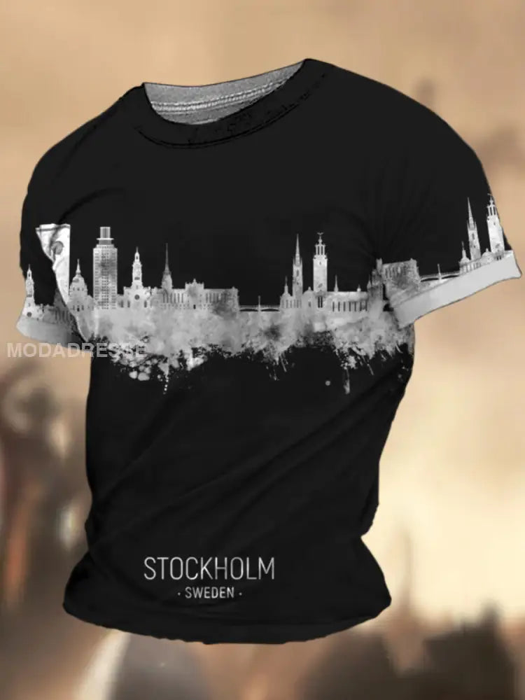 Mäns Stockholm Swedish Flag Grafiskt tryckt Henry Knapp Rund hals Atti A / S