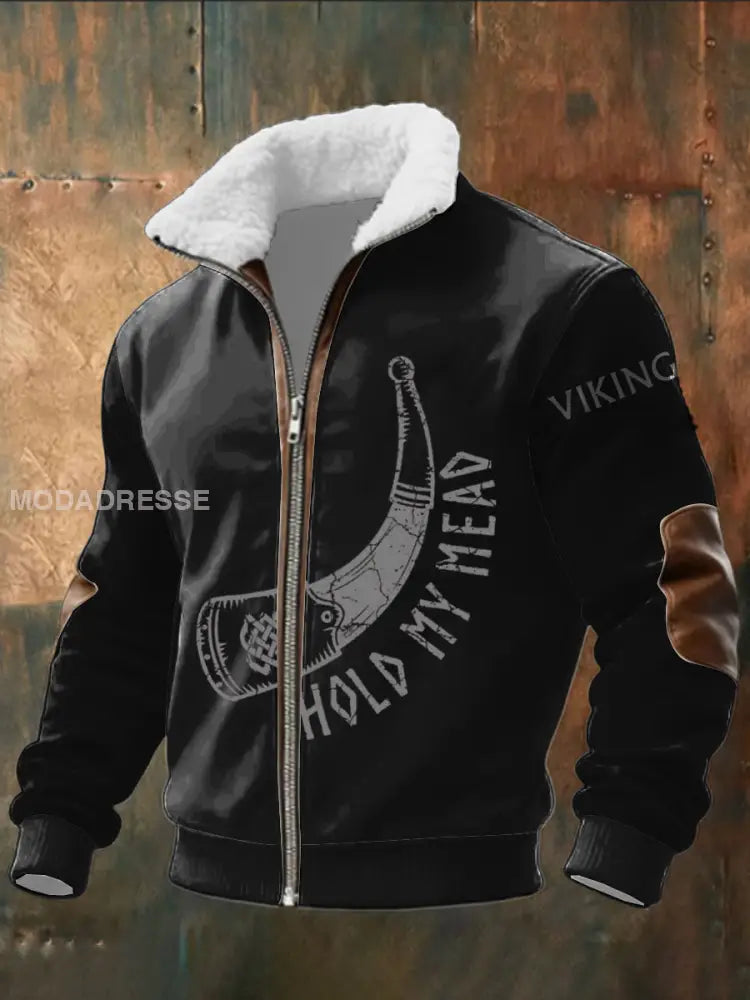 Mäns svart ’Håll min mjöd’ Horn Print Sherpa - fodrad Zip Jacka flerlog / S