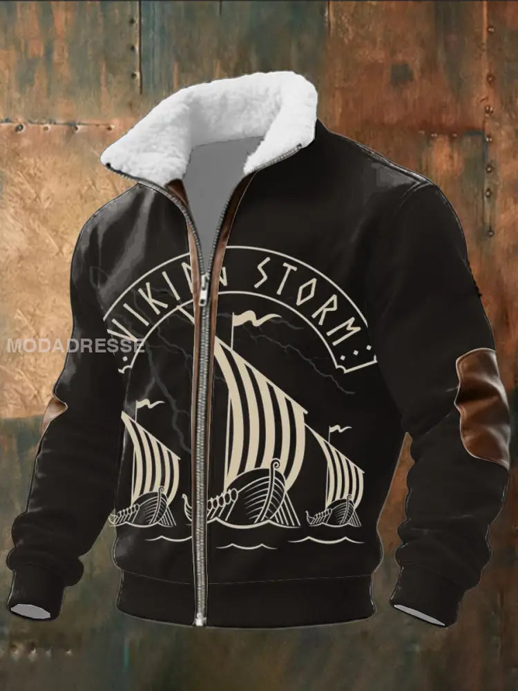 Mäns svart ’Viking Storm’ Ship Print Sherpa - fodrad Zip Jacka flerlog / S