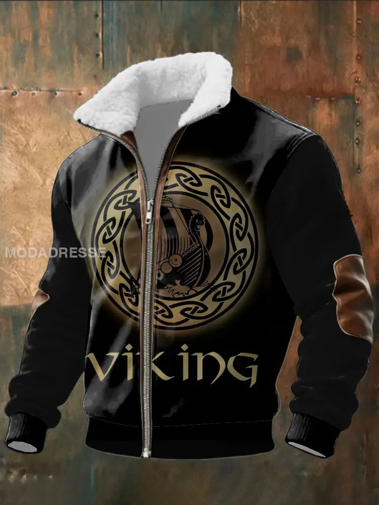Mäns svarta keltiska knop Viking skepp Skriv ut Sherpa - fodrad Zip Jacka flerlog / S