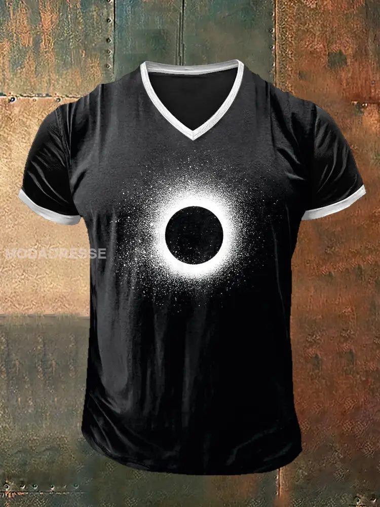 Mäns svarta sol tryckt Vintage Mode kort ärm V-hals T-shirt S