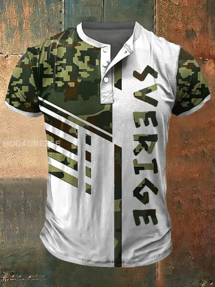 Mäns svenska armé Print Konst Kort ärm Henley Hals T-shirt S