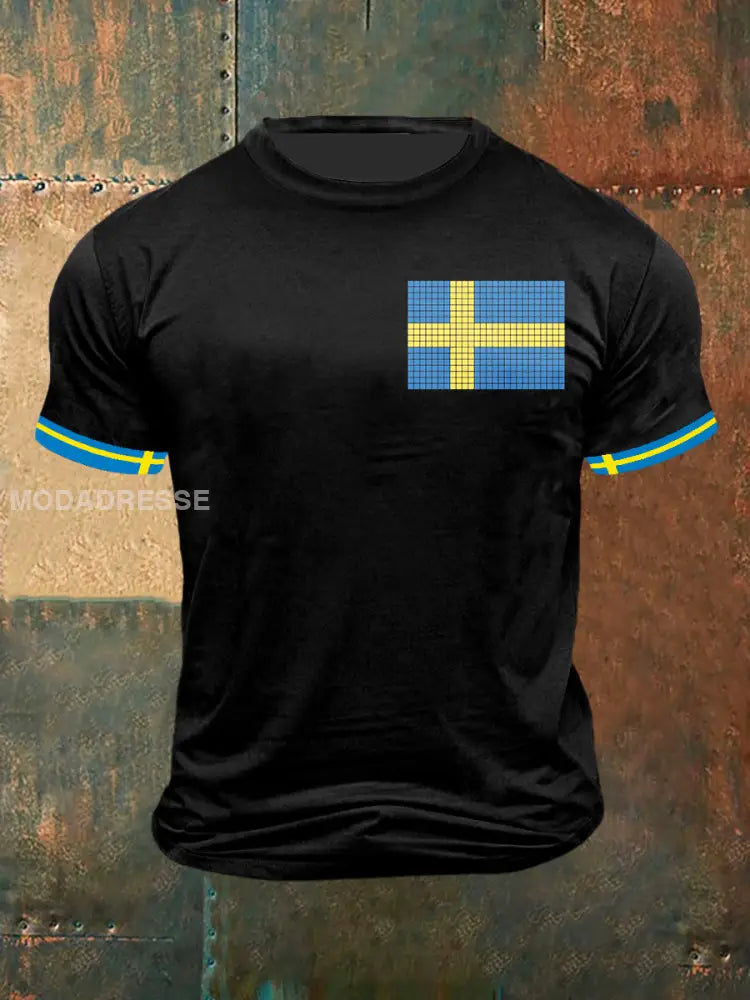 Mäns svenska flagg Pussel Skriv ut Vintage Mode Kort ärm T-shirt S