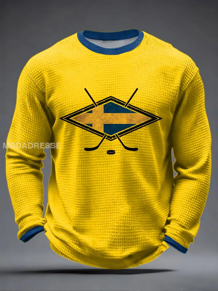Mäns svenska ishockeyvåffle Print Casual T-shirt gul / S