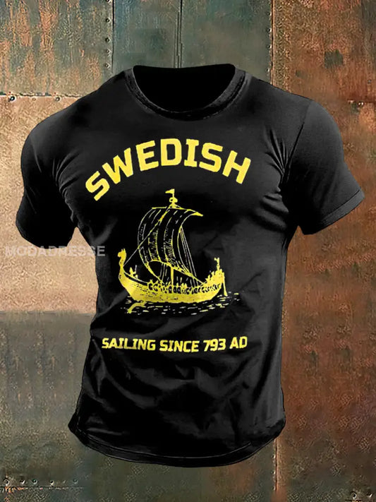 Mäns svenska krigsskepp Skriv ut Vintage Mode kort ärm T-shirt S