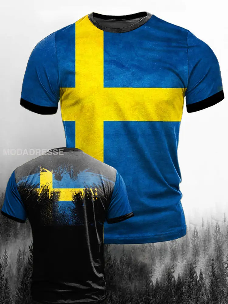 Mäns svenska nationaldag Skriv ut Vintage Mode Kort ärm T-shirt S