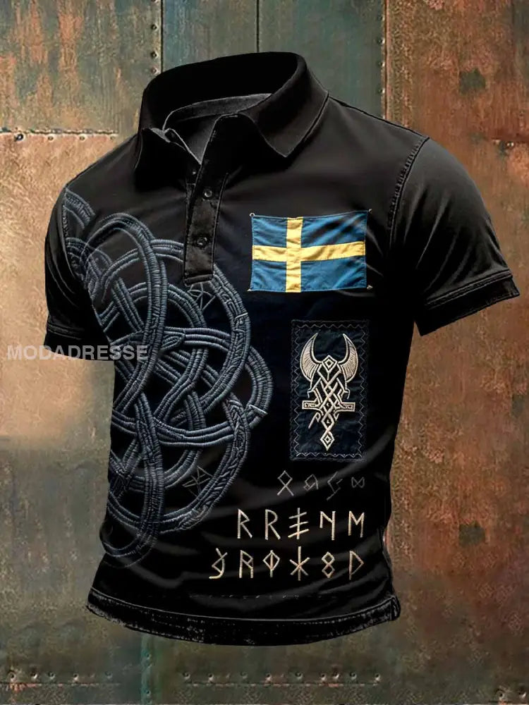 Mäns Svenska Vikingatiska Keltiska Knuttryck Casual Pikétröja som bild / S