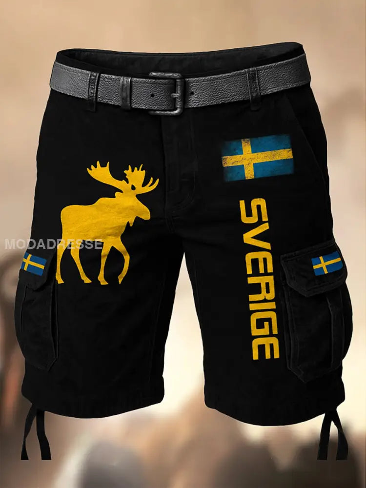 Mäns Sverige Flag tryckt Retro Textur dragsträng Pocket Casual Cargo Shorts A / M