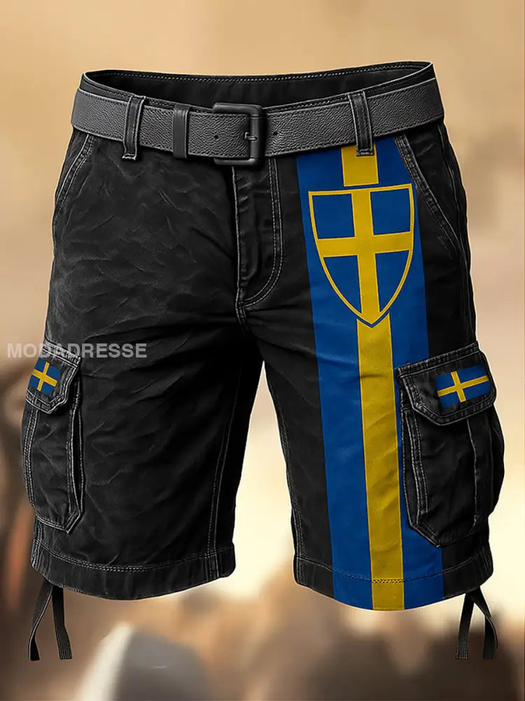 Mäns Sverige Flag tryckt Retro Textur dragsträng Pocket Casual Cargo Shorts A / M