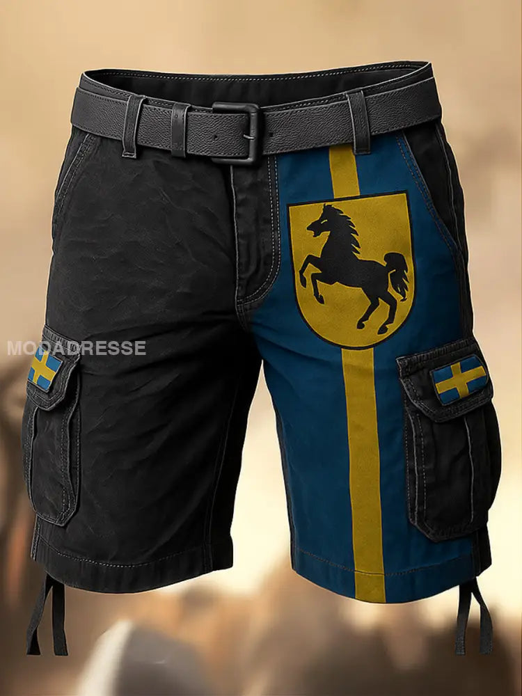 Mäns Sverige Flag tryckt Retro Textur dragsträng Pocket Casual Cargo Shorts A / M