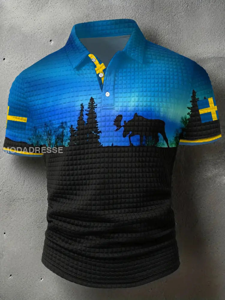 Mäns Sverige Flagg älg Tryckta Casual Tops blå / S