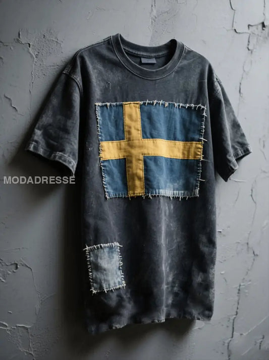 Mäns Sverige Flagg Konst tryckt T-shirt mörk grå / S