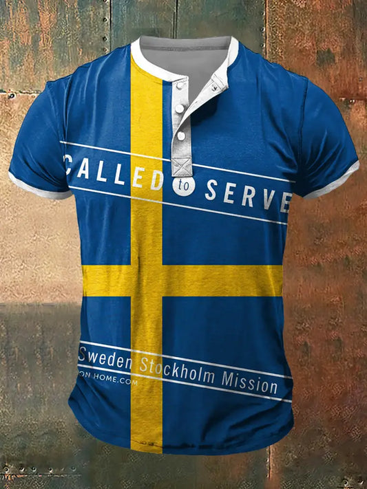 Mäns Sverige Flagg Skriv ut konst Kort ärm Henley Hals T-shirt blå / S