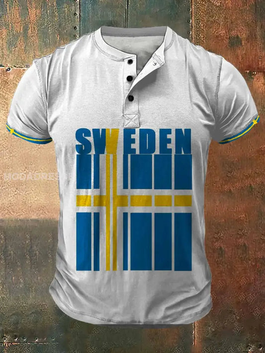 Mäns Sverige Flagg Skriv ut konst Kort ärm Henley Hals T-shirt S