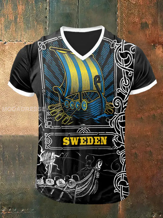 Mäns Sverige krig Ship Tryckt Vintage Mode kort ärm V-hals T-shirt svart / S