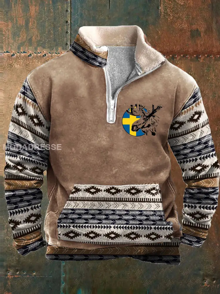 Mäns Sverige Retro Konst tryckt Hoodie Khaki / S