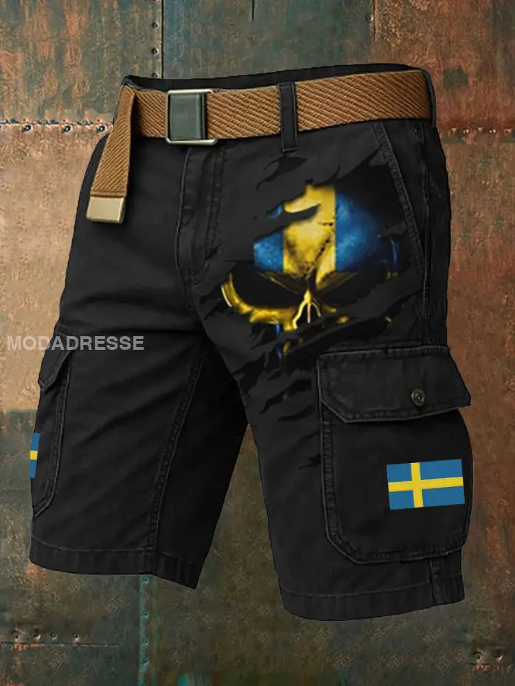 Mäns Sverige Tryckta Shorts (Ingen bälte) svart / S