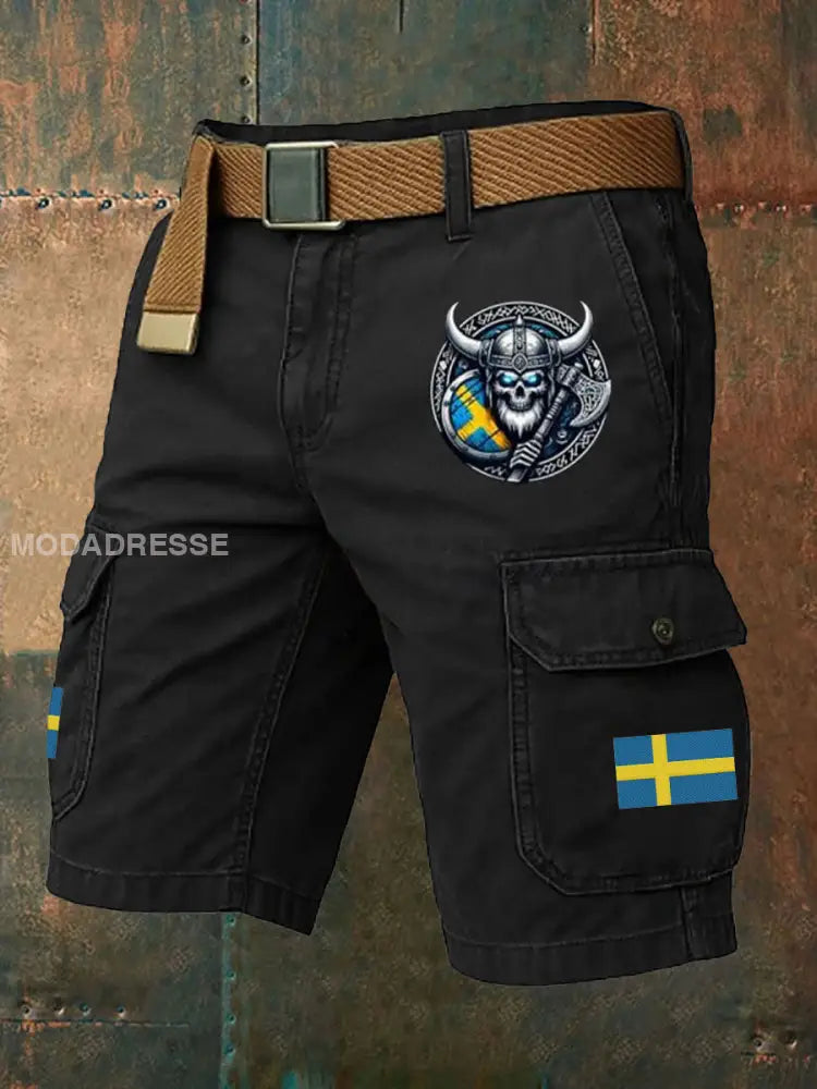 Mäns Sverige Tryckta Shorts (Ingen bälte) svart / S