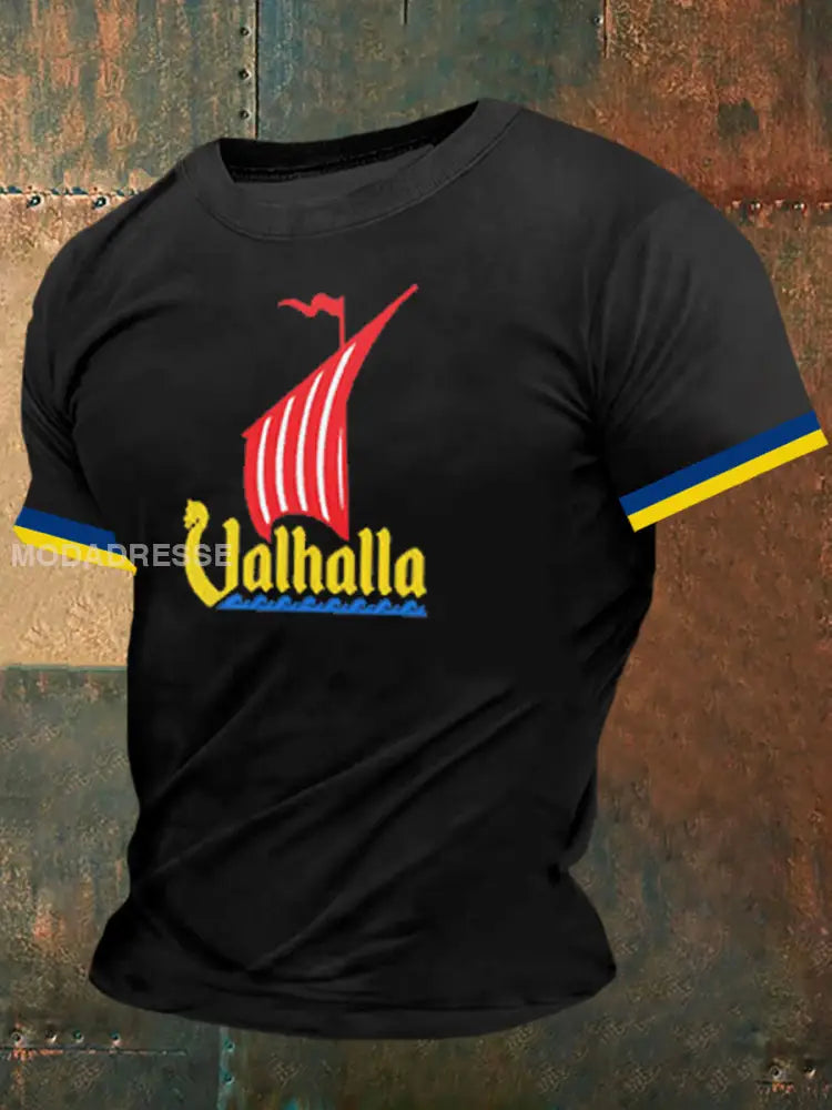 Mäns Sverige Valhalla Ship Skriv ut Vintage Mode Kort ärm T-shirt S