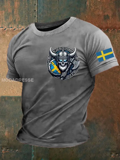 Mäns Sverige Viking Flagg Tryckt T-shirt ljusgrå / S