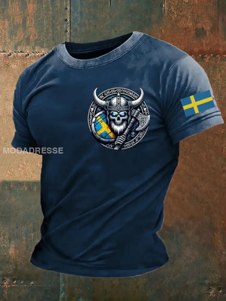 Mäns Sverige Viking Flagg Tryckt T-shirt marinblå / S