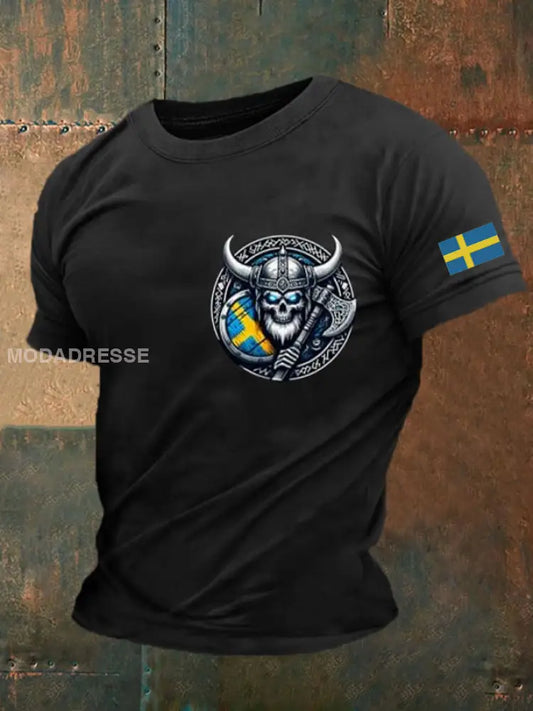 Mäns Sverige Viking Flagg Tryckt T-shirt svart / S