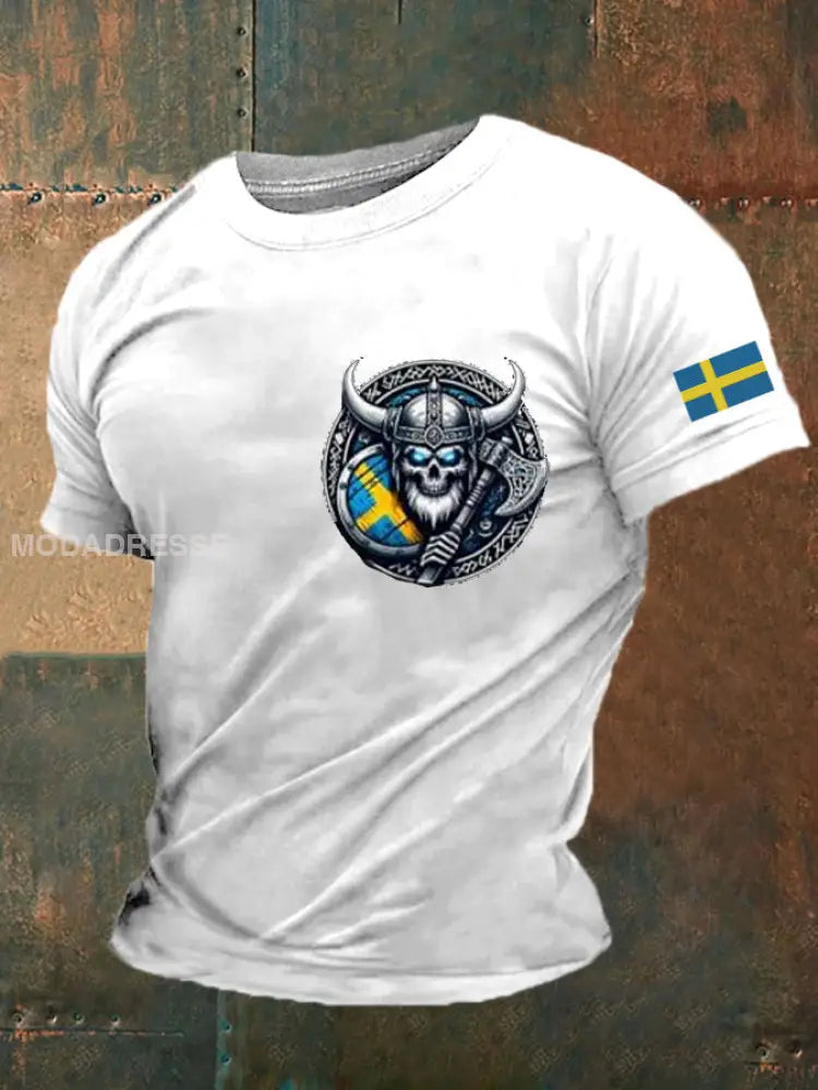 Mäns Sverige Viking Flagg Tryckt T-shirt vit / S