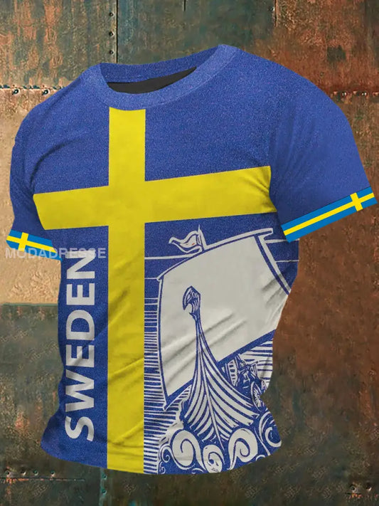 Mäns Sverige Viking krigsskepp Skriv ut Vintage Mode Kort ärm T-shirt S