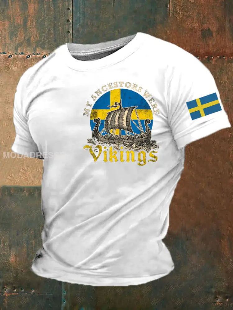 Mäns Sverige Viking Style Mina förfäder var Vikingar Tryckt T-shirt vit / S