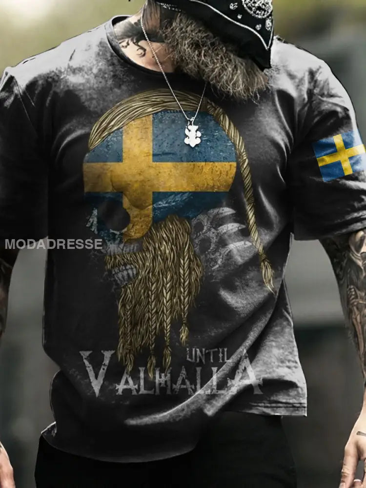 Mäns Sverige Viking Style Odin &Vahalla T-shirt svart / S