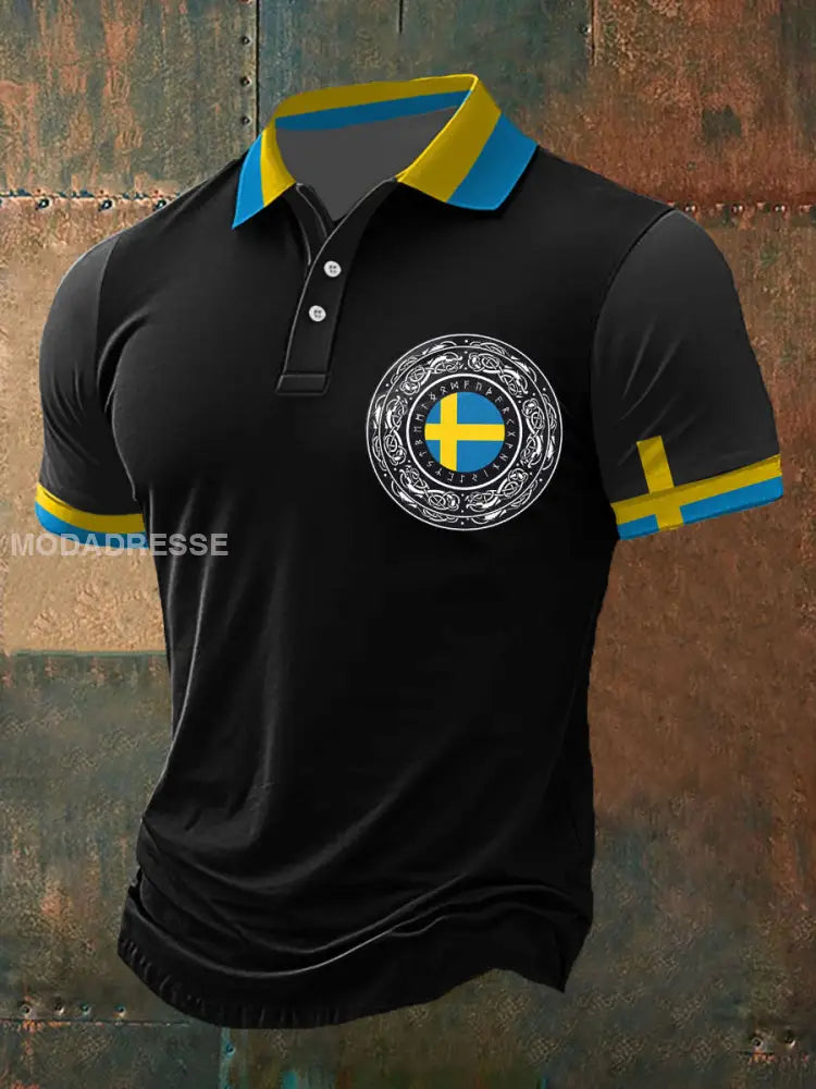Mäns Sverige Viking Style Tryckt polo skjjorta svart / S