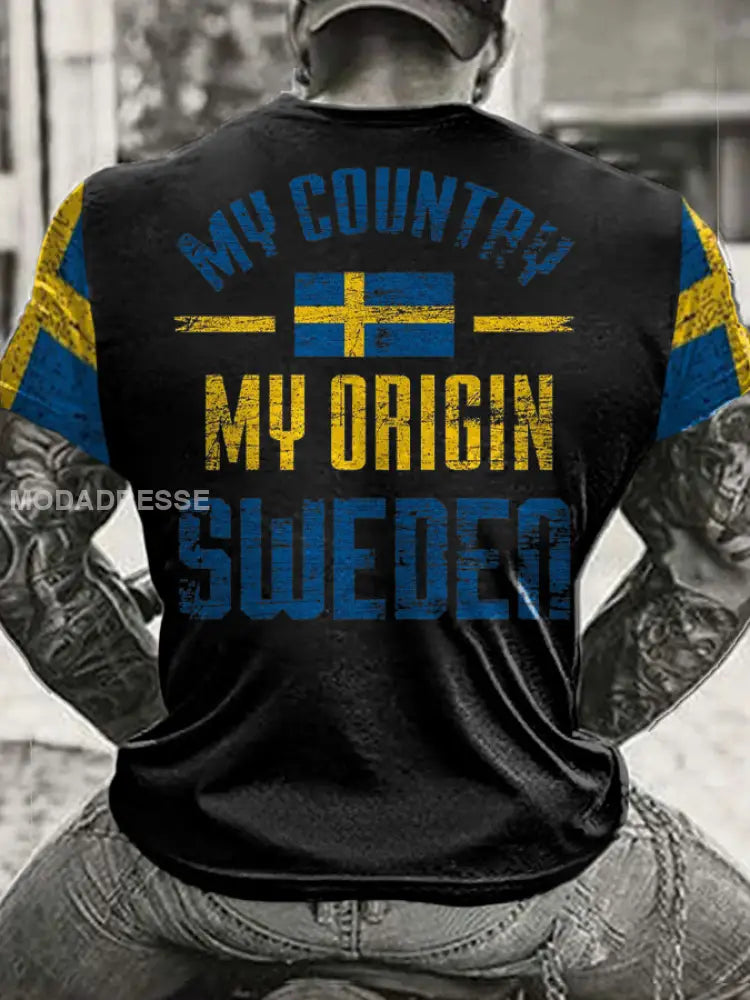 Mäns Sveriges flagg tryckt T shirt svart / S
