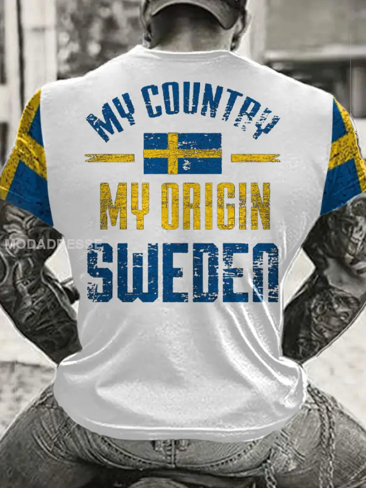 Mäns Sveriges flagg tryckt T shirt vit / S