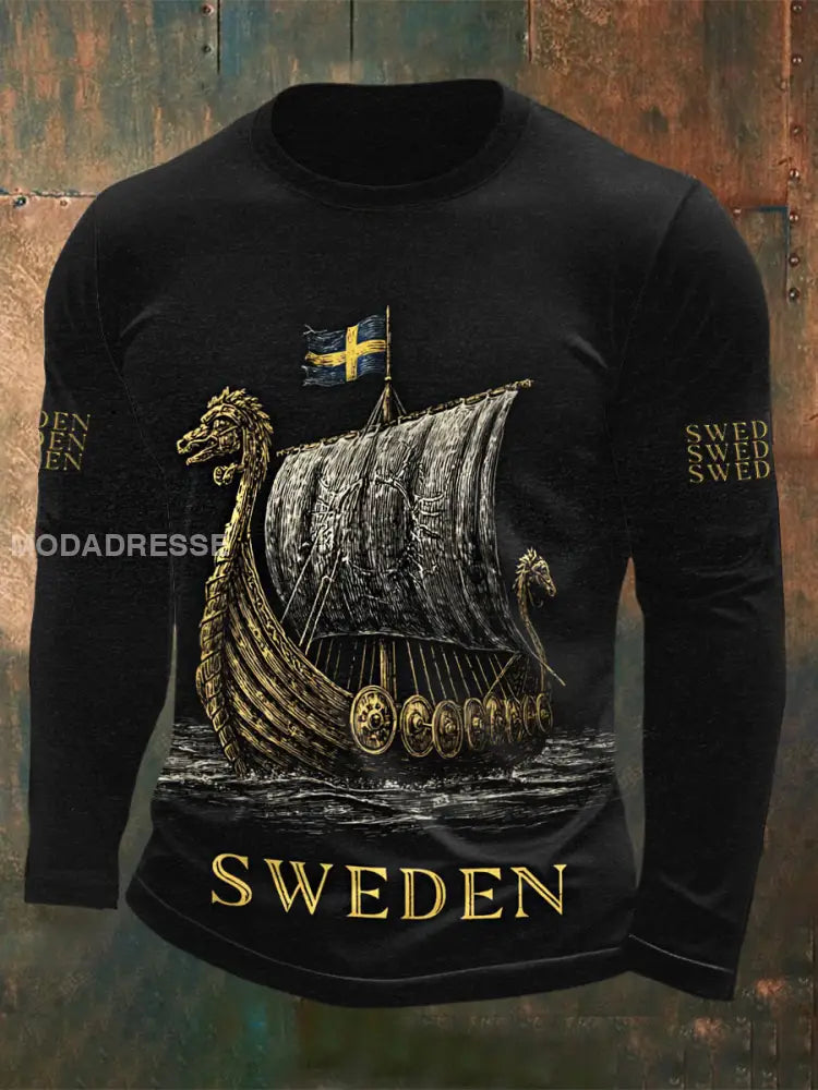 Mäns tryckt rund hals Lång ärm T-shirt svart / S