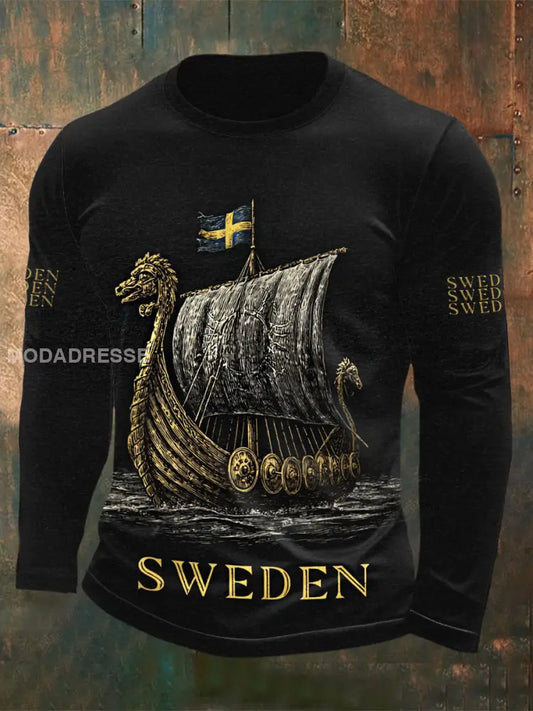 Mäns tryckt rund hals Lång ärm T-shirt svart / S