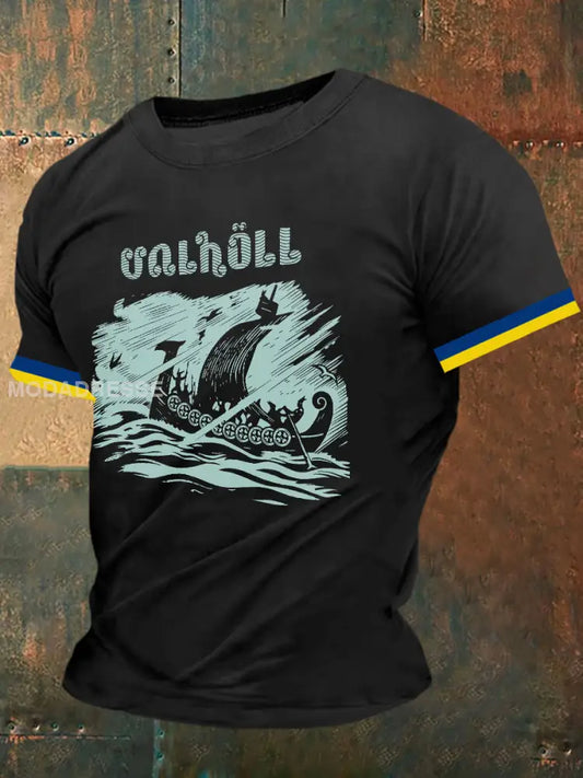 Mäns Valholl Viking skepp Skriv ut Vintage Mode kort ärm T-shirt S